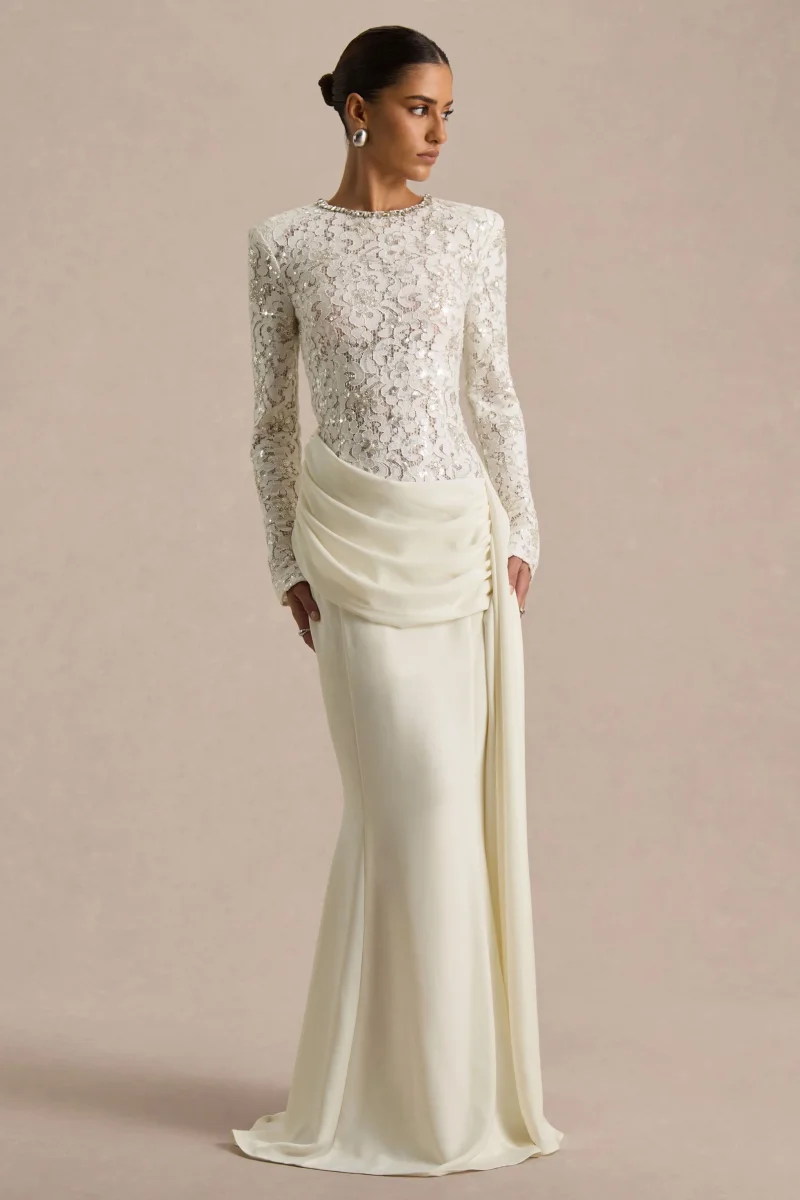 Beau | Vestido Largo de encaje crudo con escote alto y detalle drapeado - Imagen 2