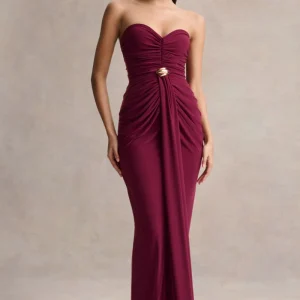 Beverly | Vestido Largo burdeos palabra de honor con detalle fruncido