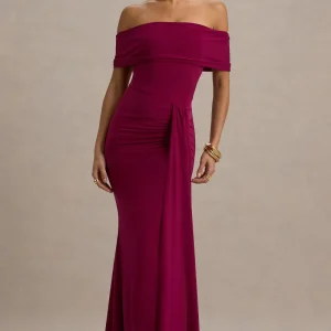 Delma | Vestido largo cereza oscuro con escote Bardot y detalle de frunces