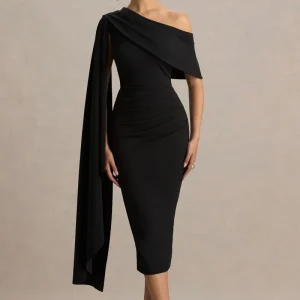 Leah | Vestido Midi Burdeos De Escote Asimétrico Con Manga Capa y Detalle Drapé