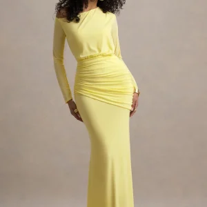 Deanna | Vestido largo Amarillo limón con Escote Asimétrico y Drapeado