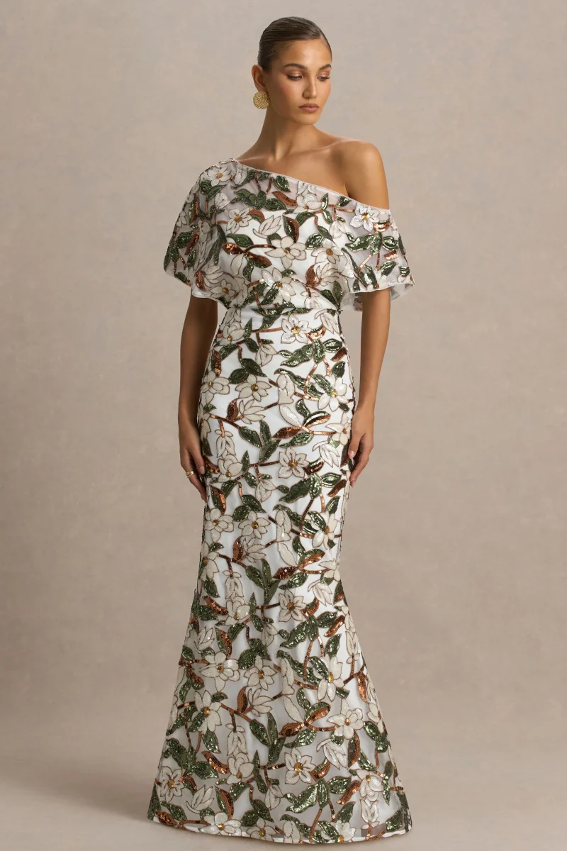Iony | Vestido Largo de cuello asimétrico con detalles florales, malla y lentejuelas en blanco y verde - Imagen 5