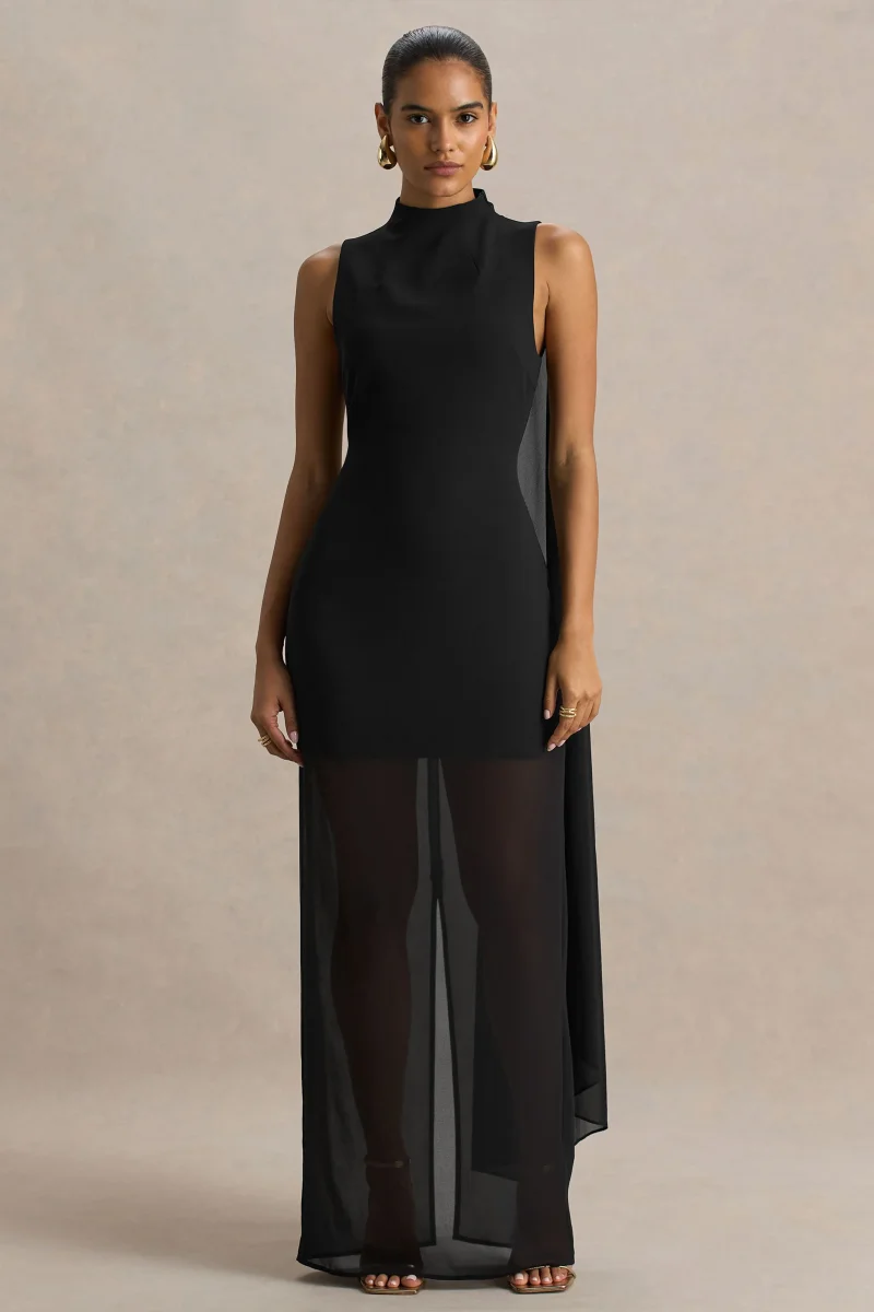 Unpredictable | Vestido Largo Negro con Escote Alto y Detalle de Capa en la Espalda - Imagen 6