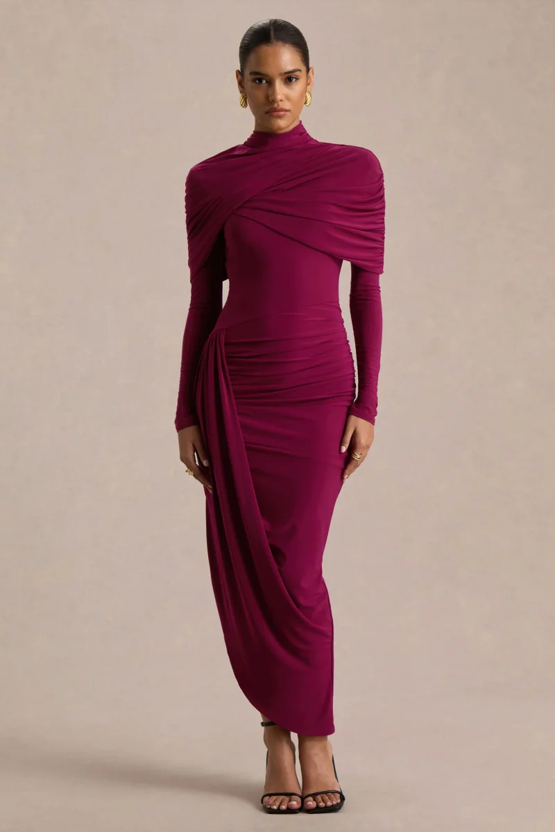 Aneira | Vestido largo burdeos de cuello alto con mangas capa - Imagen 2