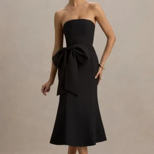 To Me | Vestido Midi Negro con escote Bandeau y lazo Oversized