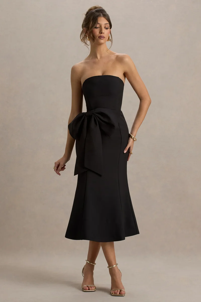 To Me | Vestido Midi Negro con escote Bandeau y lazo Oversized