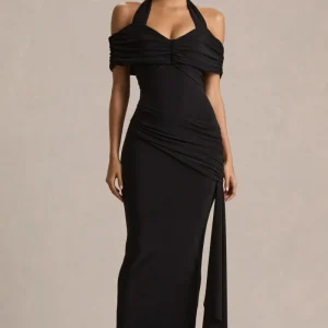 Camille | Vestido largo negro con escote bardot