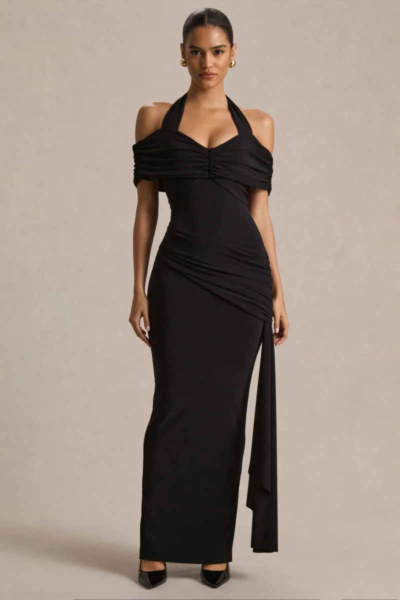 Camille | Vestido largo negro con escote bardot