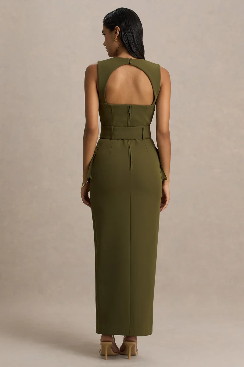 Sandra | Vestido Largo Verde Oliva Entallado con Escote Cuadrado y Abertura Frontal Alta - Imagen 4
