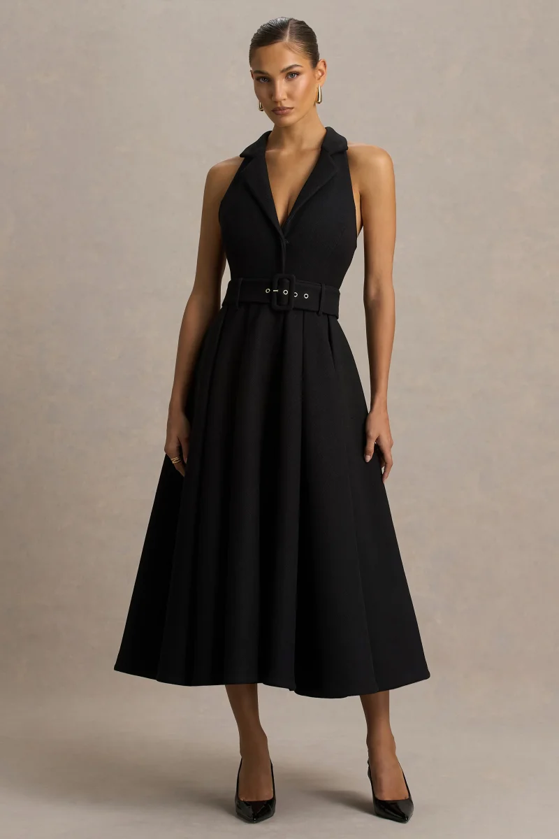 Alessa | Vestido Midi Negro Entallado con Escote Profundo - Imagen 6