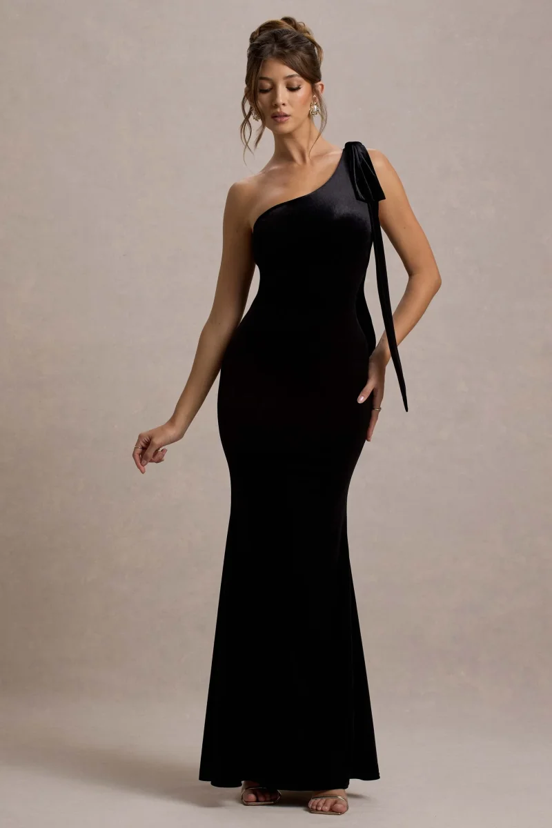 Jillian | Vestido largo Asimétrico de Terciopelo Negro con Tirante de Lazo - Imagen 4