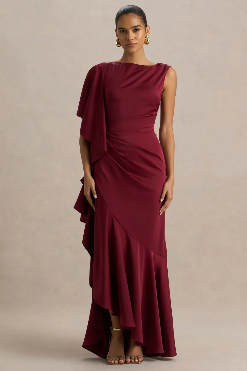 Freya | Vestido Largo De Satén Burdeos Con Cuello Alto y Detalle Fruncido - Imagen 6