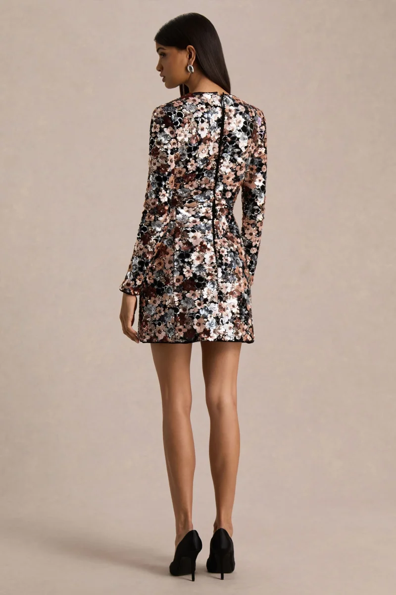 Adaline | Vestido corto de manga larga de terciopelo negro con lentejuelas y flores - Imagen 3