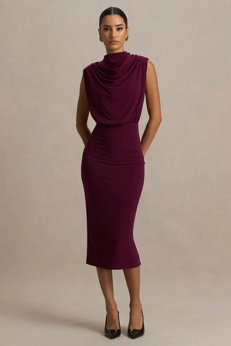 Hermia | Vestido Midi Burdeos De Cuello Alto Sin Mangas - Imagen 6