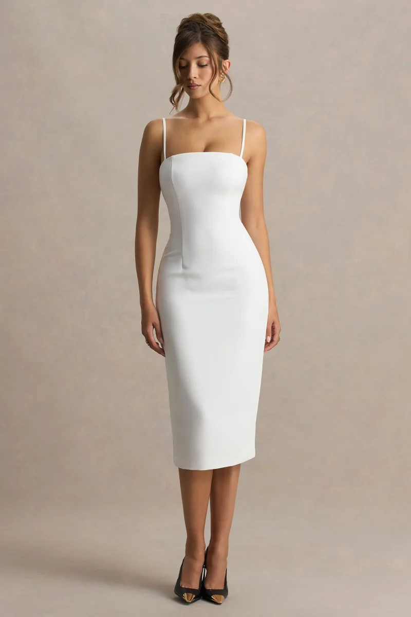 Baylor | Vestido midi blanco con detalle de capa removible - Imagen 3