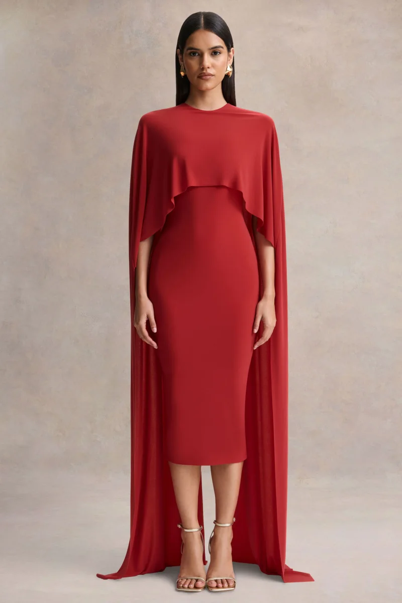 Kalani | Vestido Midi Rojo con Cuello Redondo y Mangas Tipo Capa - Imagen 6