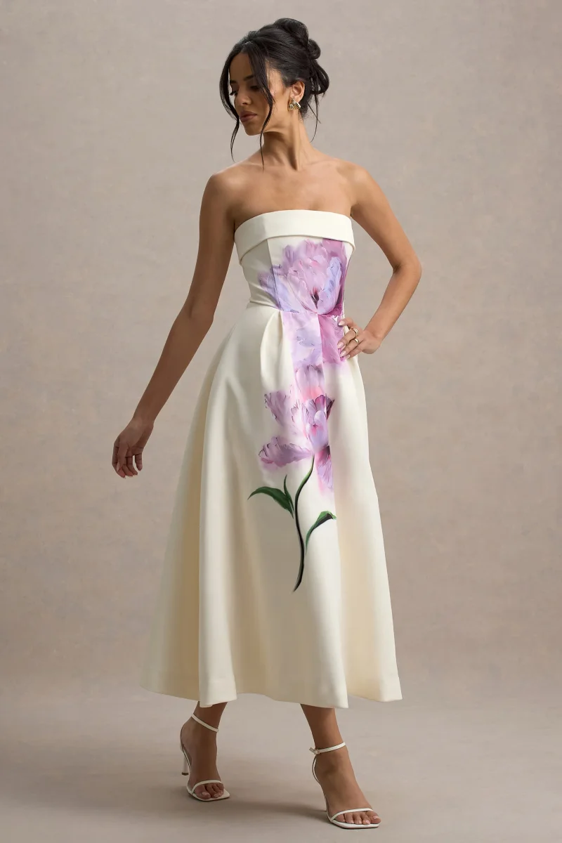 Annalise | Vestido midi con escote bandeau con estampado floral y falda plisada - Imagen 5