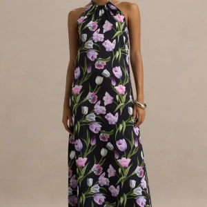 Svana | Vestido largo Asimétrico con Escote Halter en Satén Floral Negro