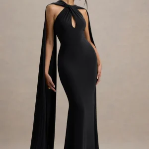 Rhoda | Vestido largo negro con escote halter torcido y capa