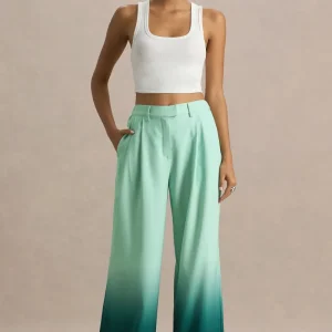Safia | Pantalón de satén degradado esmeralda de pierna ancha