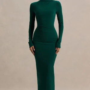 Eden | Vestido Largo Verde Botella con Escote Alto y Detalles Fruncidos
