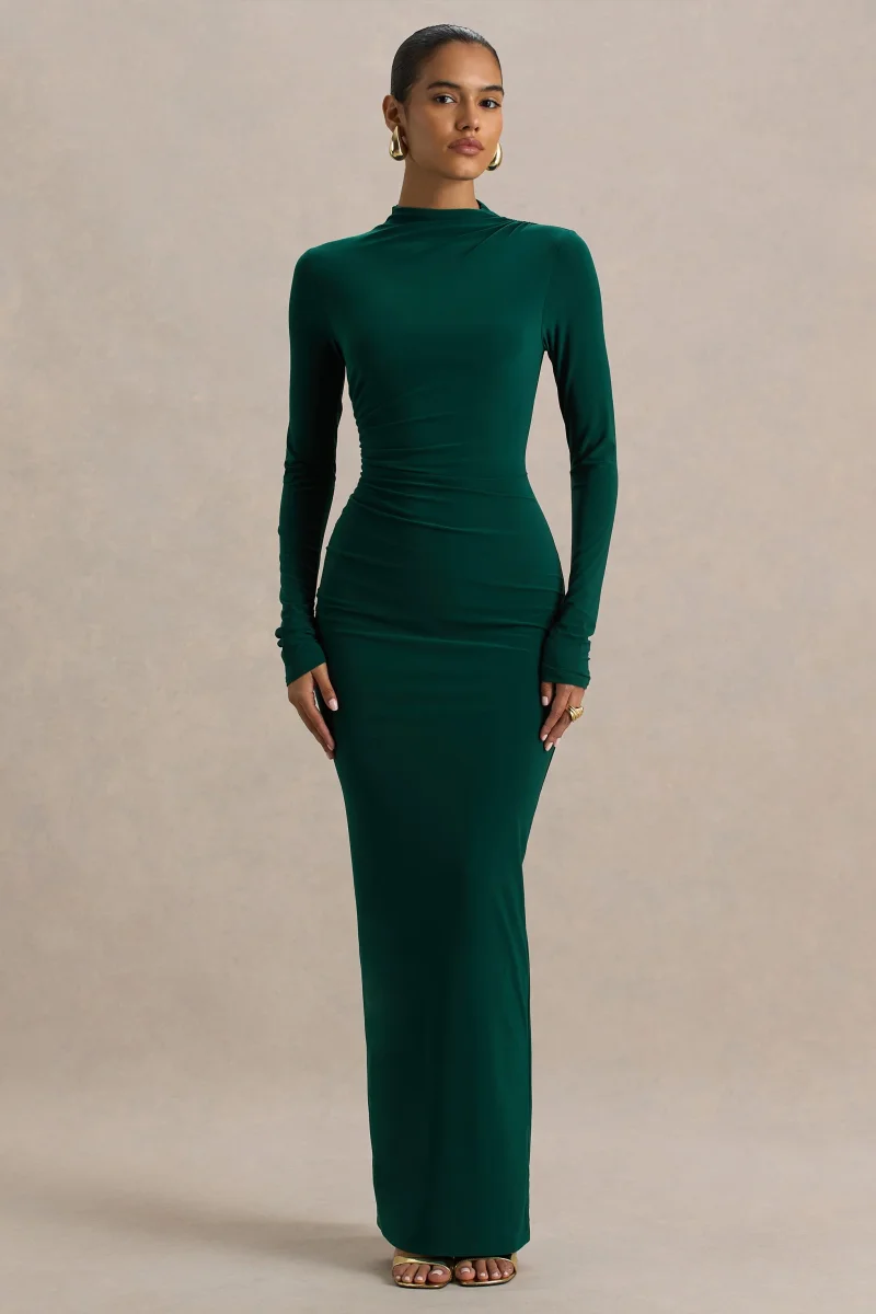 Eden | Vestido Largo Verde Botella con Escote Alto y Detalles Fruncidos