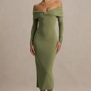 Spark | Vestido Midi Oliva Con Escote Bardot Y Detalle De Lazo