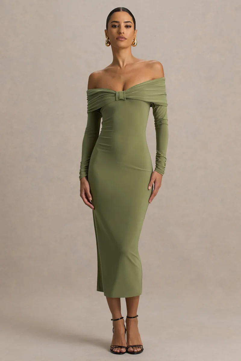 Spark | Vestido Midi Oliva Con Escote Bardot Y Detalle De Lazo