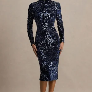Alanita | Vestido midi azul marino de terciopelo y lentejuelas con cuello alto y mangas largas