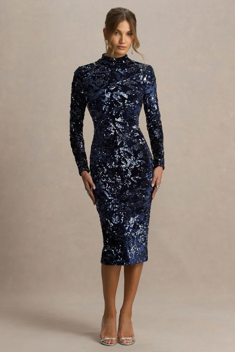 Alanita | Vestido midi azul marino de terciopelo y lentejuelas con cuello alto y mangas largas - Imagen 2