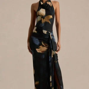 Sunflower | Vestido largo de cuello alto con estampado de lirios oscuros y abertura frontal alta