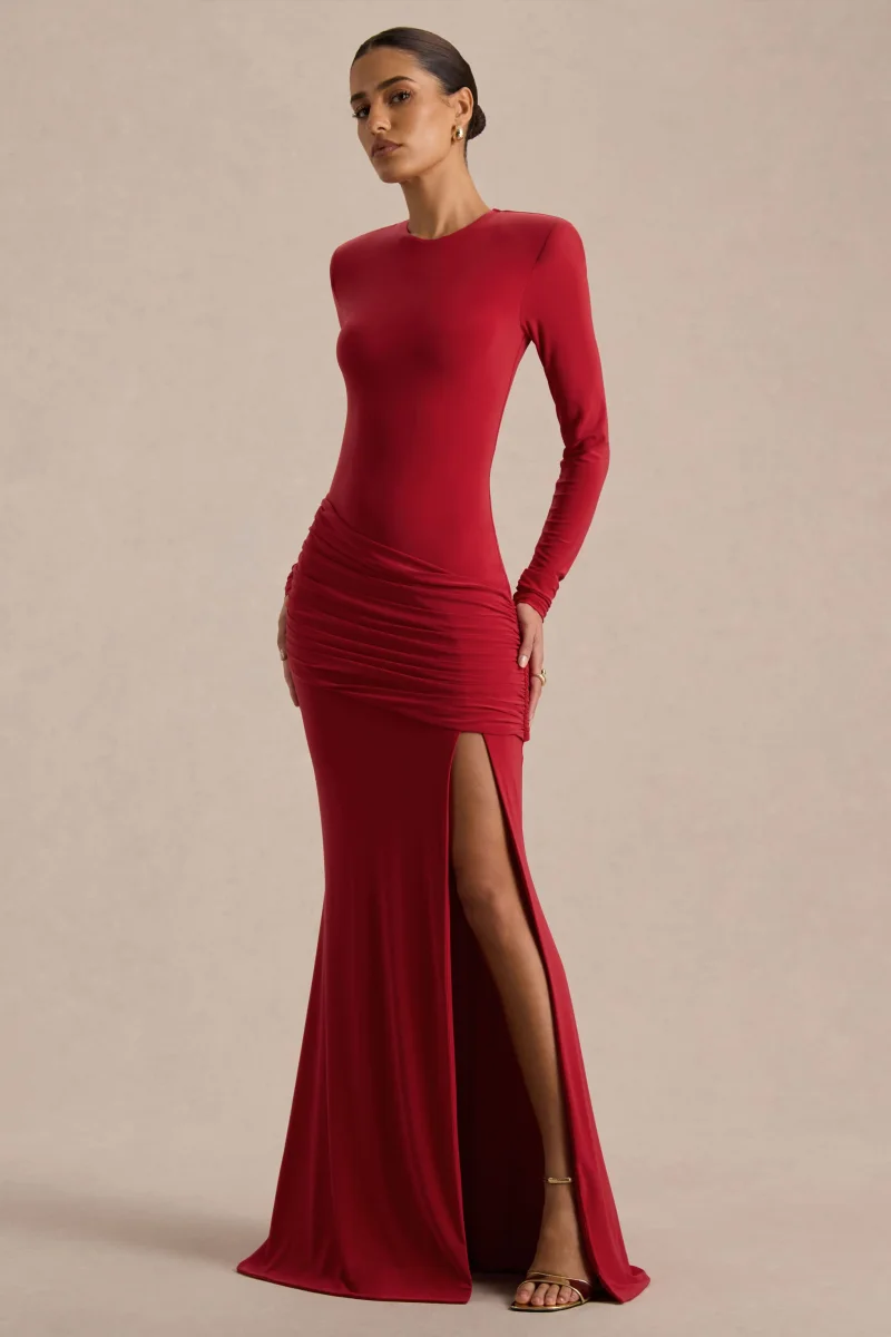 Liora | Vestido Largo Rojo de Cuello Alto con Abertura Delantera Alta - Imagen 5