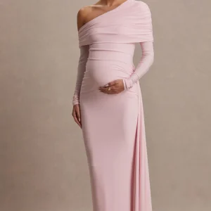 Amara | Vestido Largo Premamá Rosa Empolvado con Escote Asimétrico y Detalle de Fajín