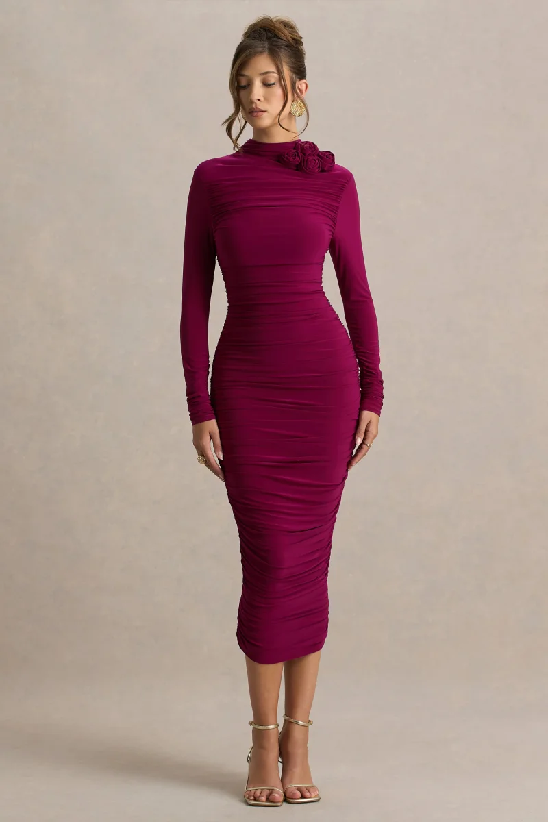 Tamara | Vestido Midi Burdeos de Manga Larga con Fruncidos - Imagen 4