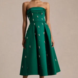 Sylvette | Vestido Midi Skater de Satén Verde Oscuro con Escote Bandeau