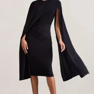 Marysol | Vestido midi negro entallado con mangas tipo capa