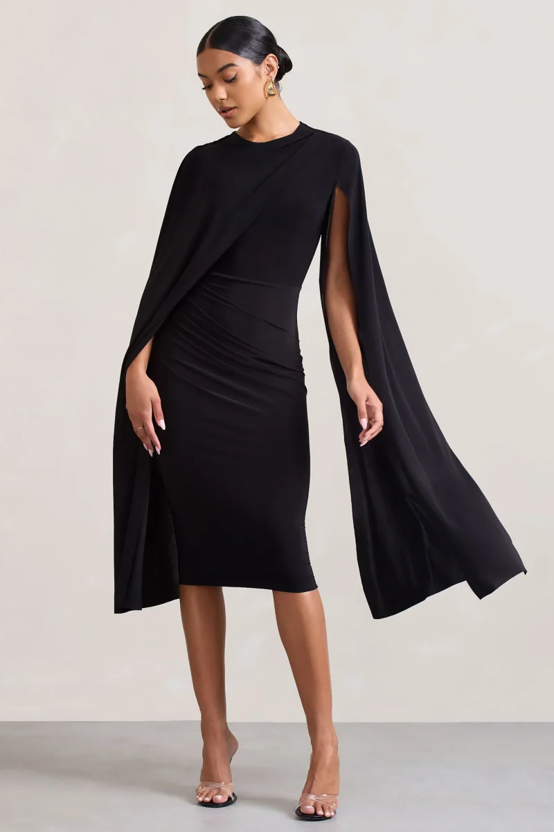 Marysol | Vestido midi negro entallado con mangas tipo capa - Imagen 2