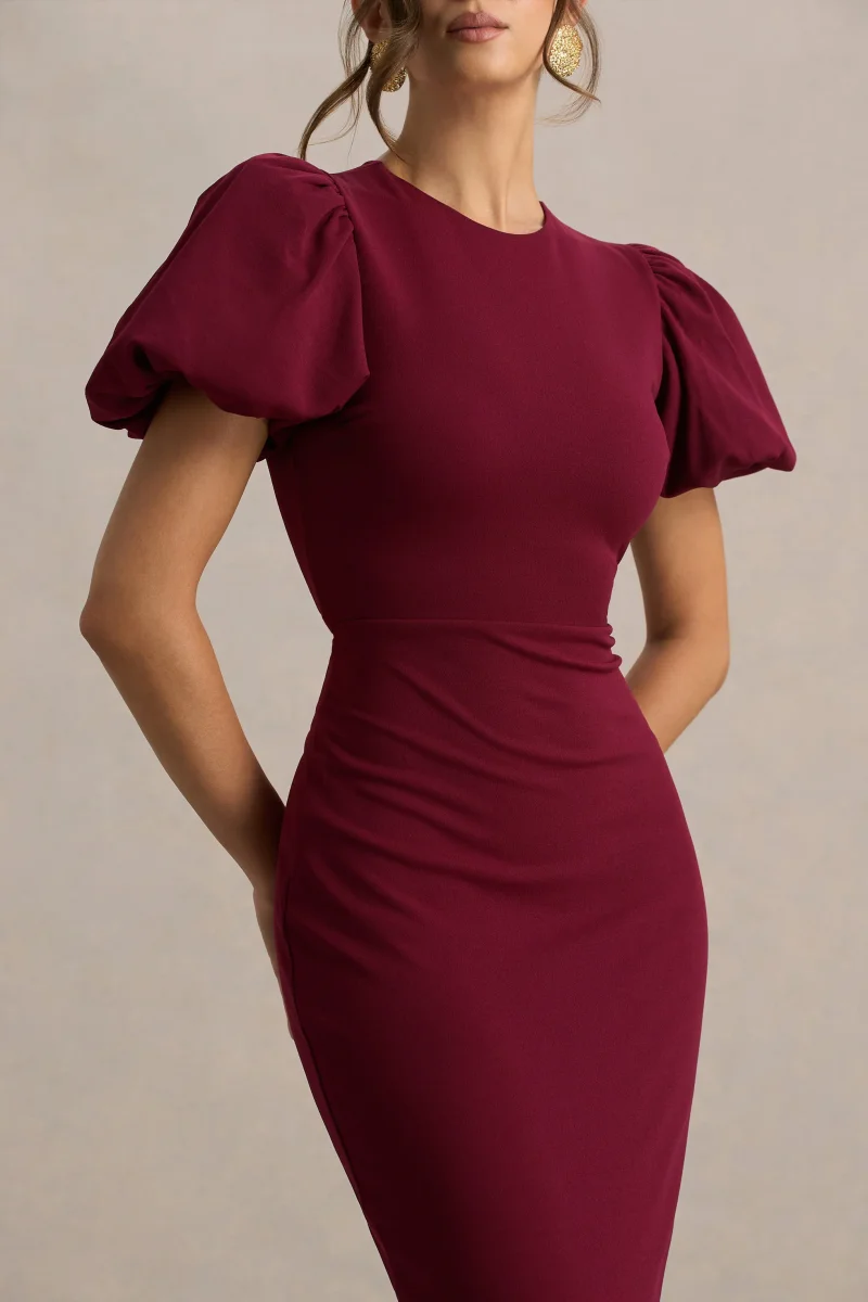 Dakota | Vestido Midi Burdeos De Manga Abullonada - Imagen 6