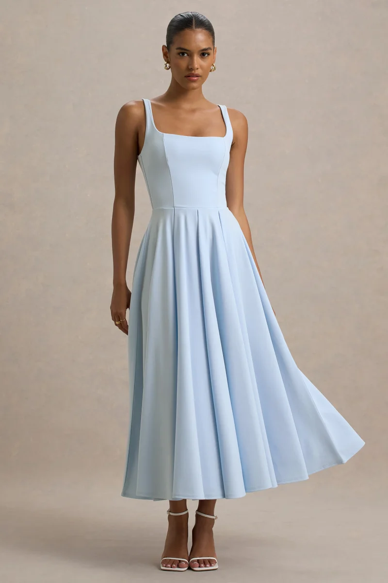 Parina | Vestido midi azul claro con escote cuadrado y falda voluminosa - Imagen 6
