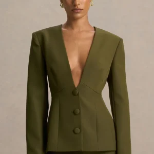 Rosalina | Blazer Verde Oliva Entallado con Escote Profundo Extremo