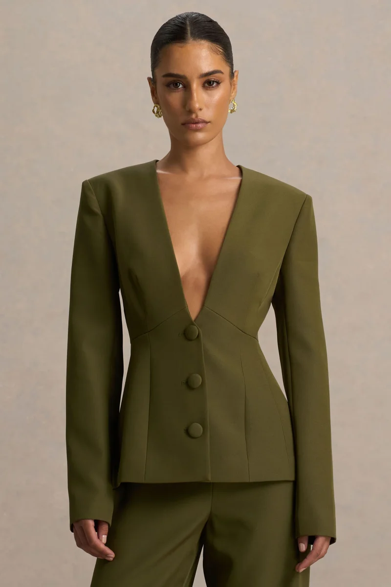 Rosalina | Blazer Verde Oliva Entallado con Escote Profundo Extremo