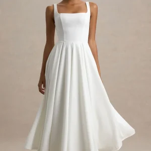 Parina | Vestido midi blanco con escote cuadrado y falda voluminosa