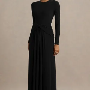 Estrella | Vestido Largo negro con cuello alto y detalle fruncido
