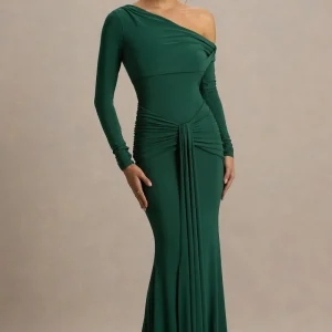Clover | Vestido largo asimétrico con cuello cruzado y fajín en verde oscuro