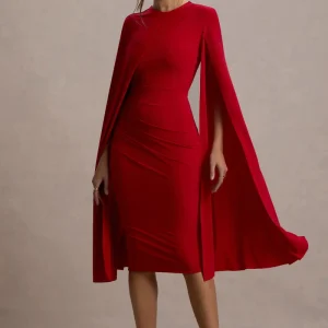 Marysol | Vestido midi ajustado y mangas capa en color rojo