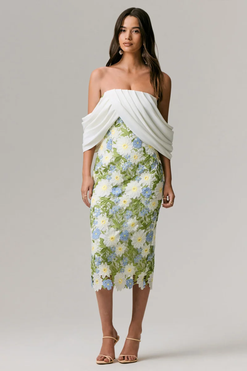 Entitled | Vestido Midi con Estampado Floral Crema y Escote Bardot con Detalles de Encaje - Imagen 5