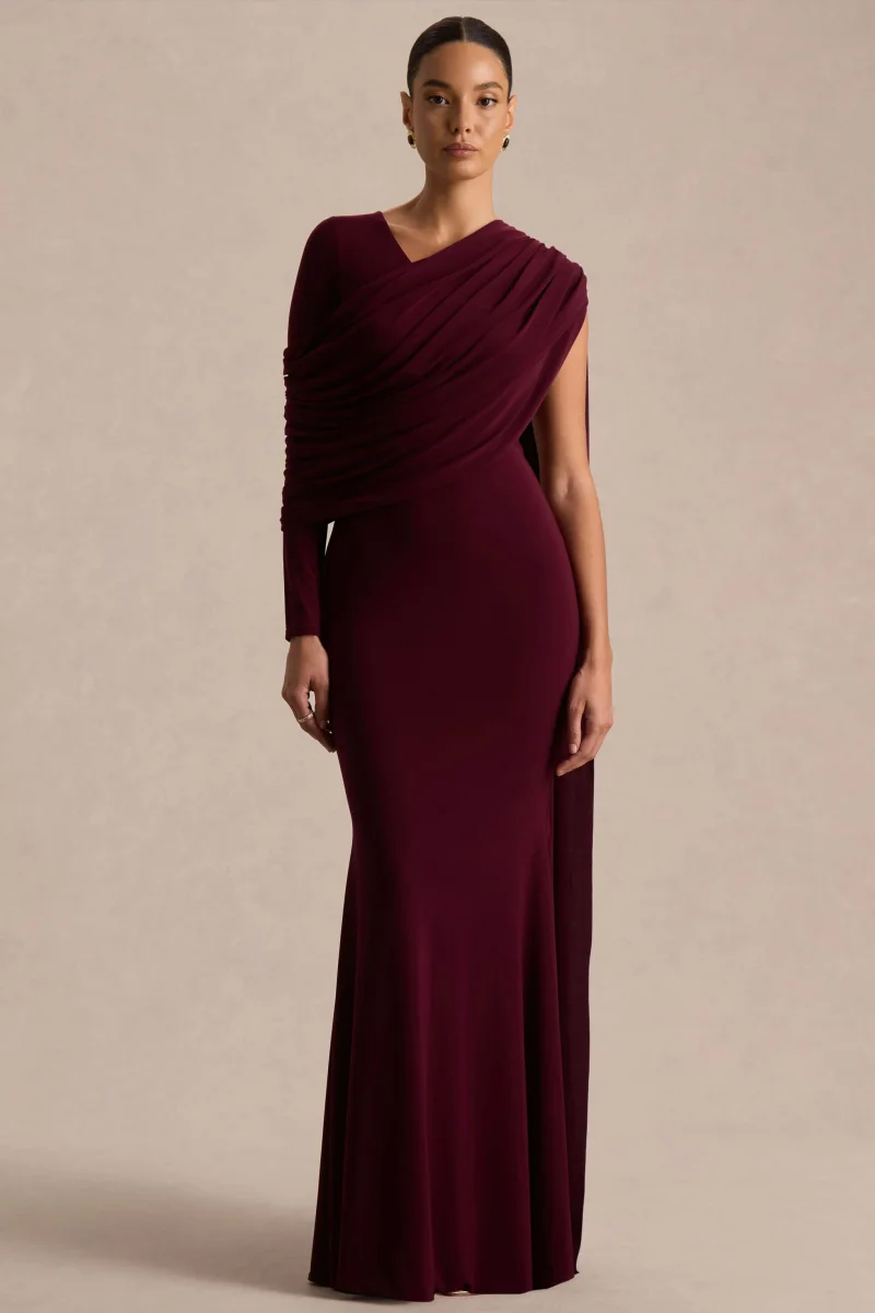 Rubelle | Vestido Largo Burdeos de Escote Asimétrico con Detalle Drapeado