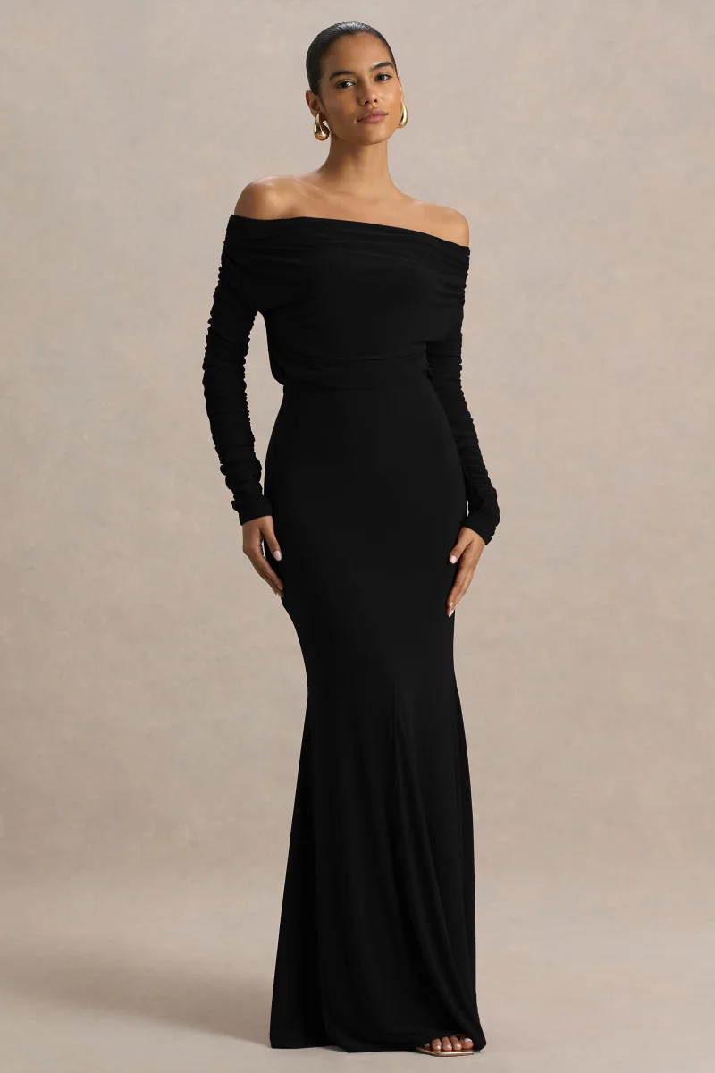 Cilla | Vestido Largo Negro Con Escote Bardot y Fruncido - Imagen 5