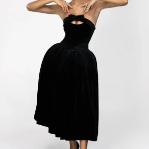 Hepburn | Vestido Midi de Terciopelo Negro Bandeau con Lazo
