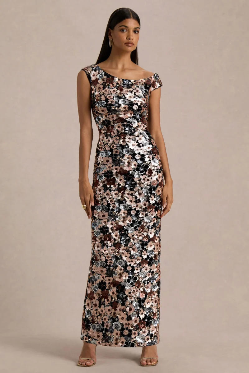 Electric | Vestido Largo de Terciopelo Negro con Lentejuelas Florales y Escote Asimétrico - Imagen 5